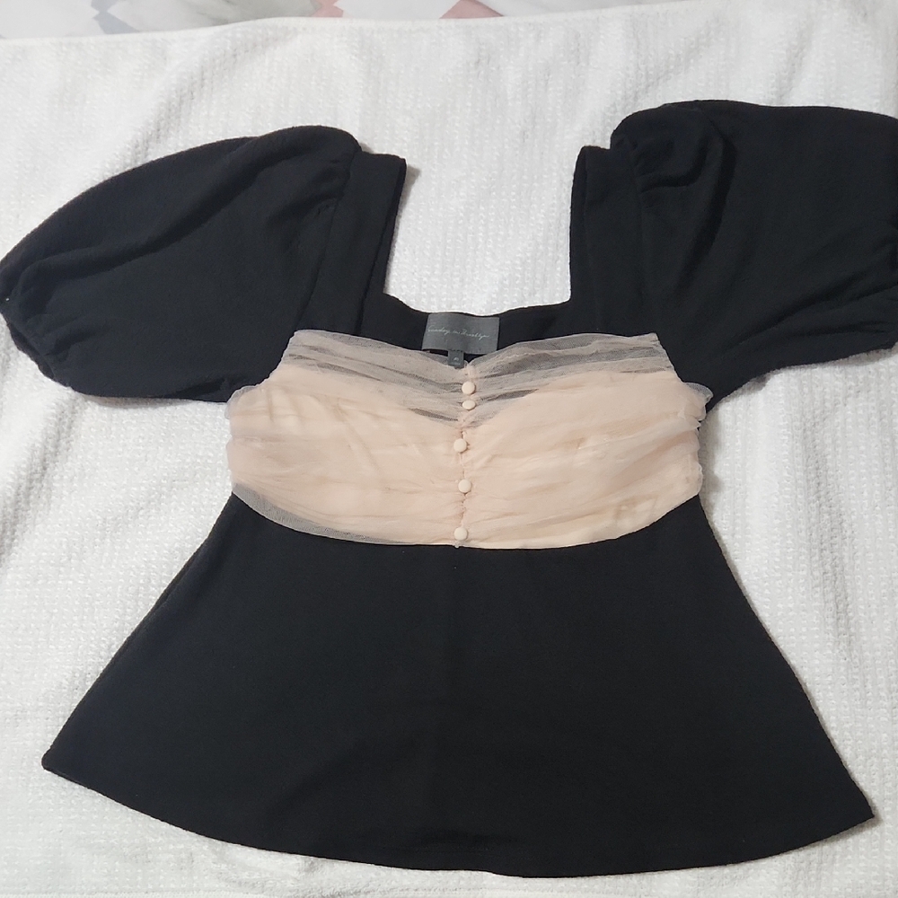 Sunday in Brooklyn Black and Cream Puff Sleeve Blouse